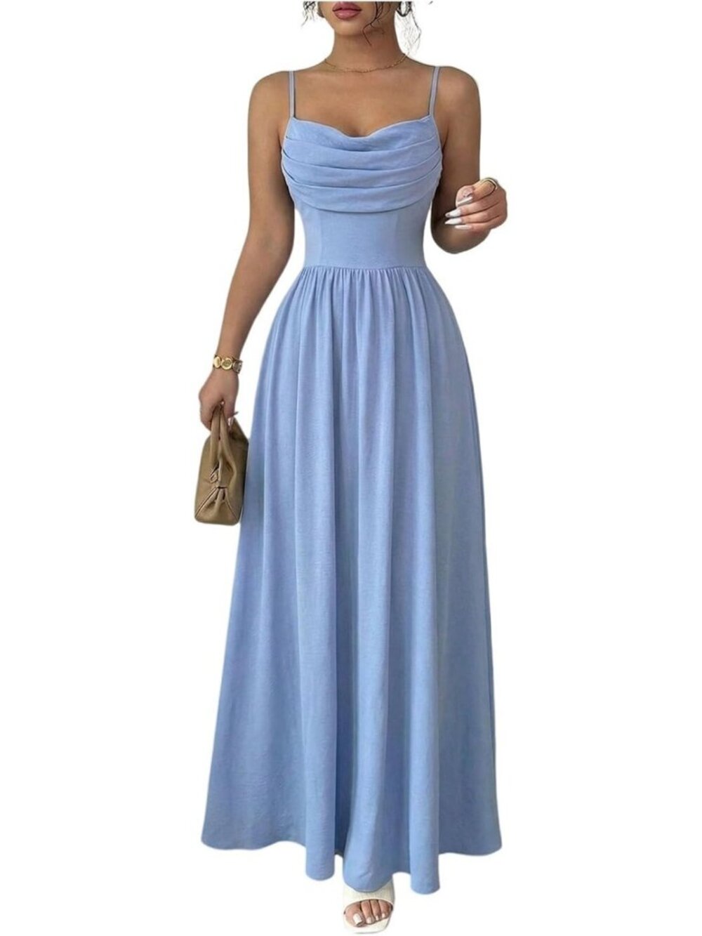 Elegant Spaghetti Strap Maxi Dress for Wedding Guests | Ruched Ruffle A-Line